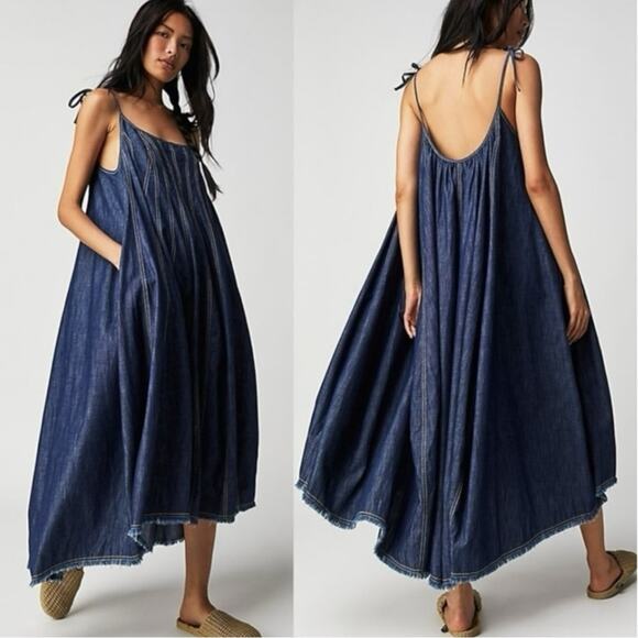 Free People Denim Dreams Midi Maxi Dress in 70s Blue Size Large Jean Jumper - Picture 5 of 14